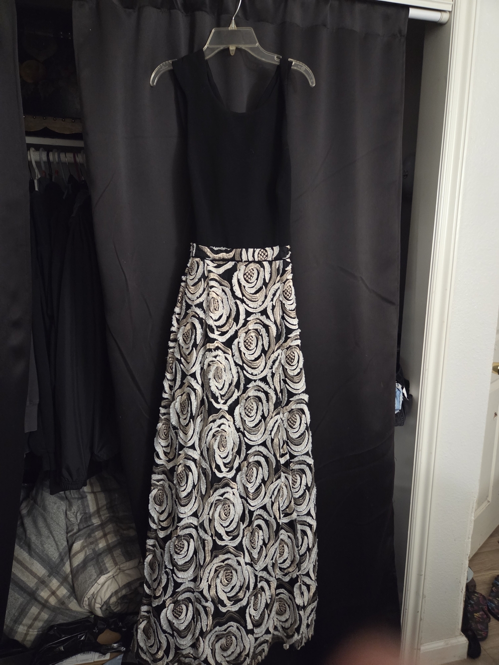 Calvin Klein Black Maxi Dress with Silver Rose Skirt